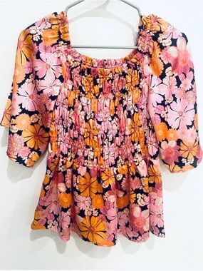 Chenault Floral Smocked Puff Sleeve Top Retro Orange & Pink Women’s Sm